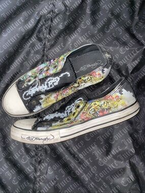 Ed Hardy Black Slip-On Sneakers with Multicolor Tattoo Graphics